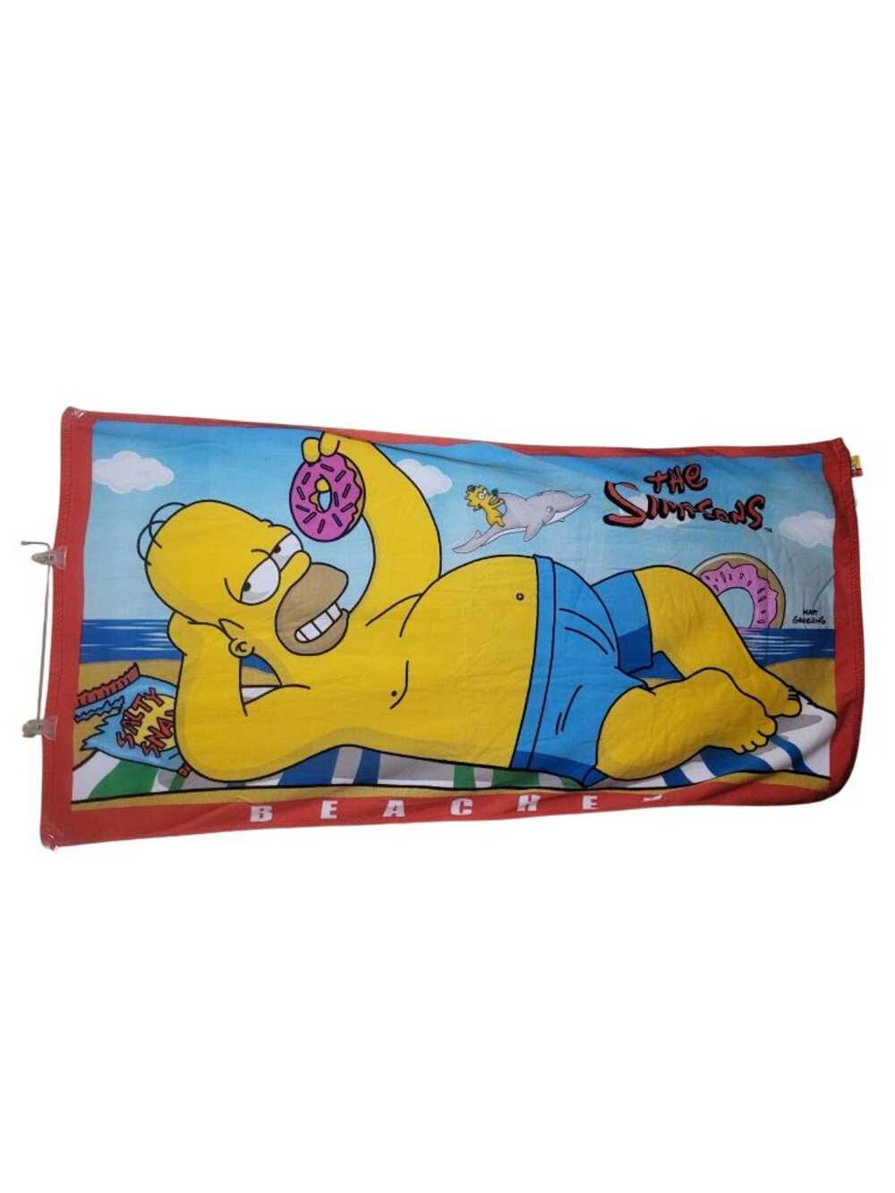 The Simpsons 2006 "Beached" Beach Towel - Homer with Donut - 100% Cotton 30"x58"